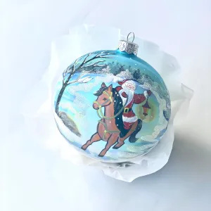 100mm Santa on pony holding a lantern hand painted bauble