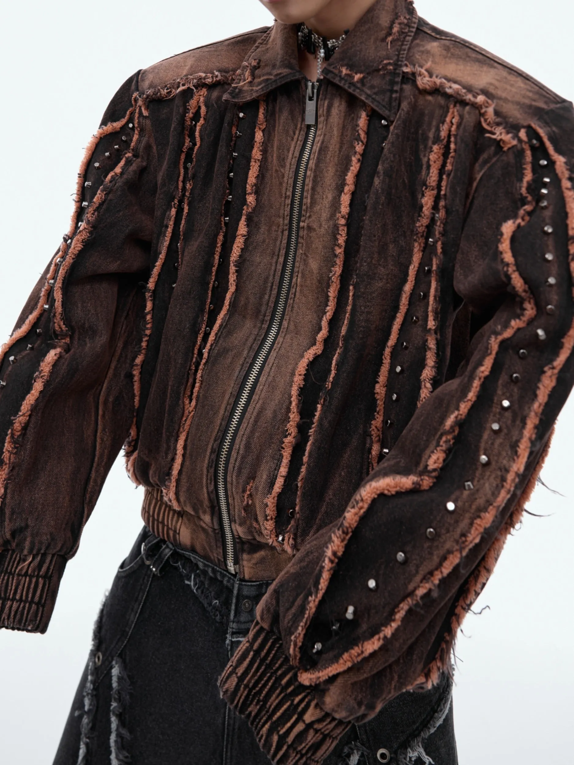 【24s Sep.】Vintage Distressed Metal Rivet Fringe Denim Jacket