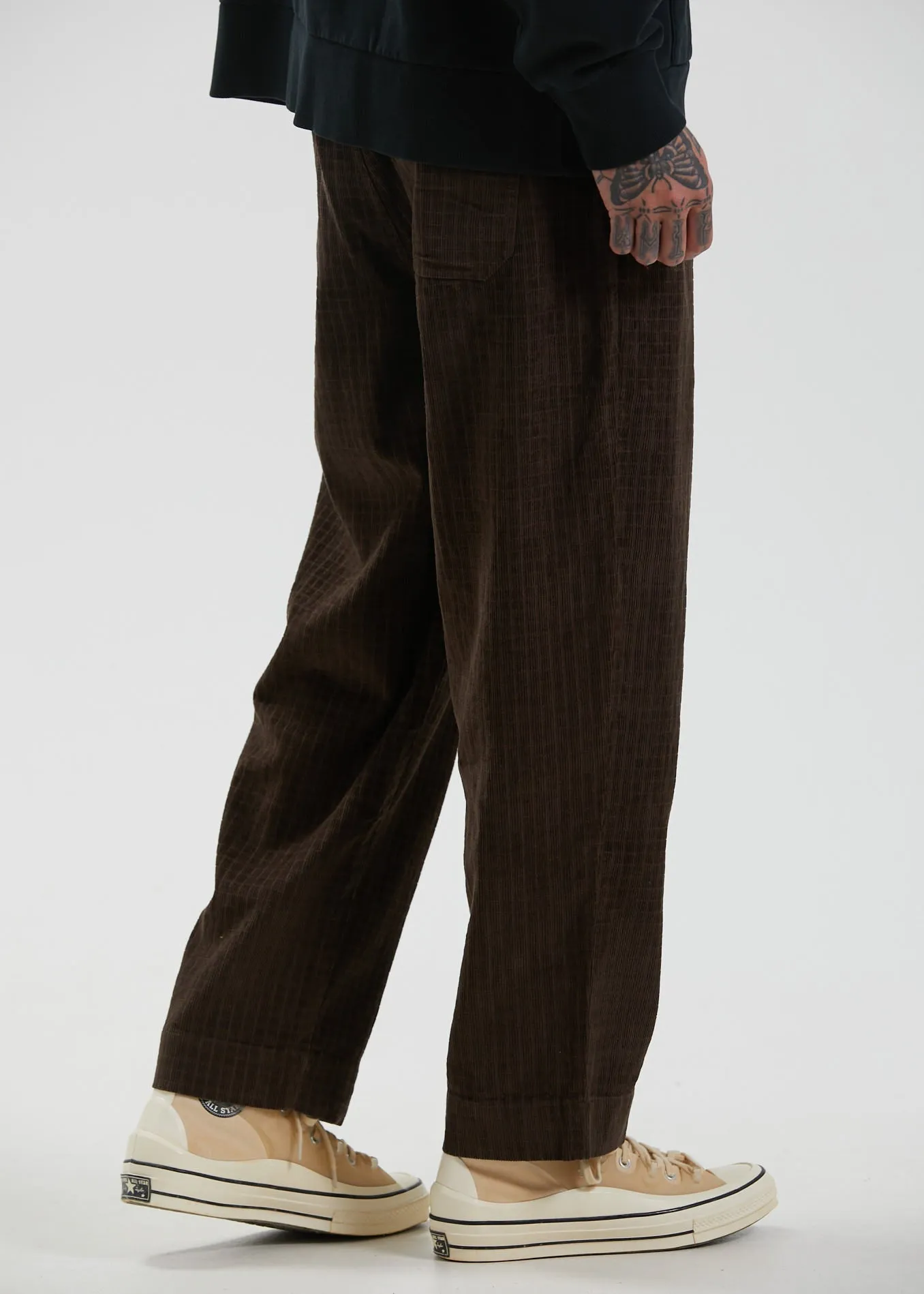 Afends Mens Couch Surfer - Hemp Check Corduroy Baggy Pants - Coffee