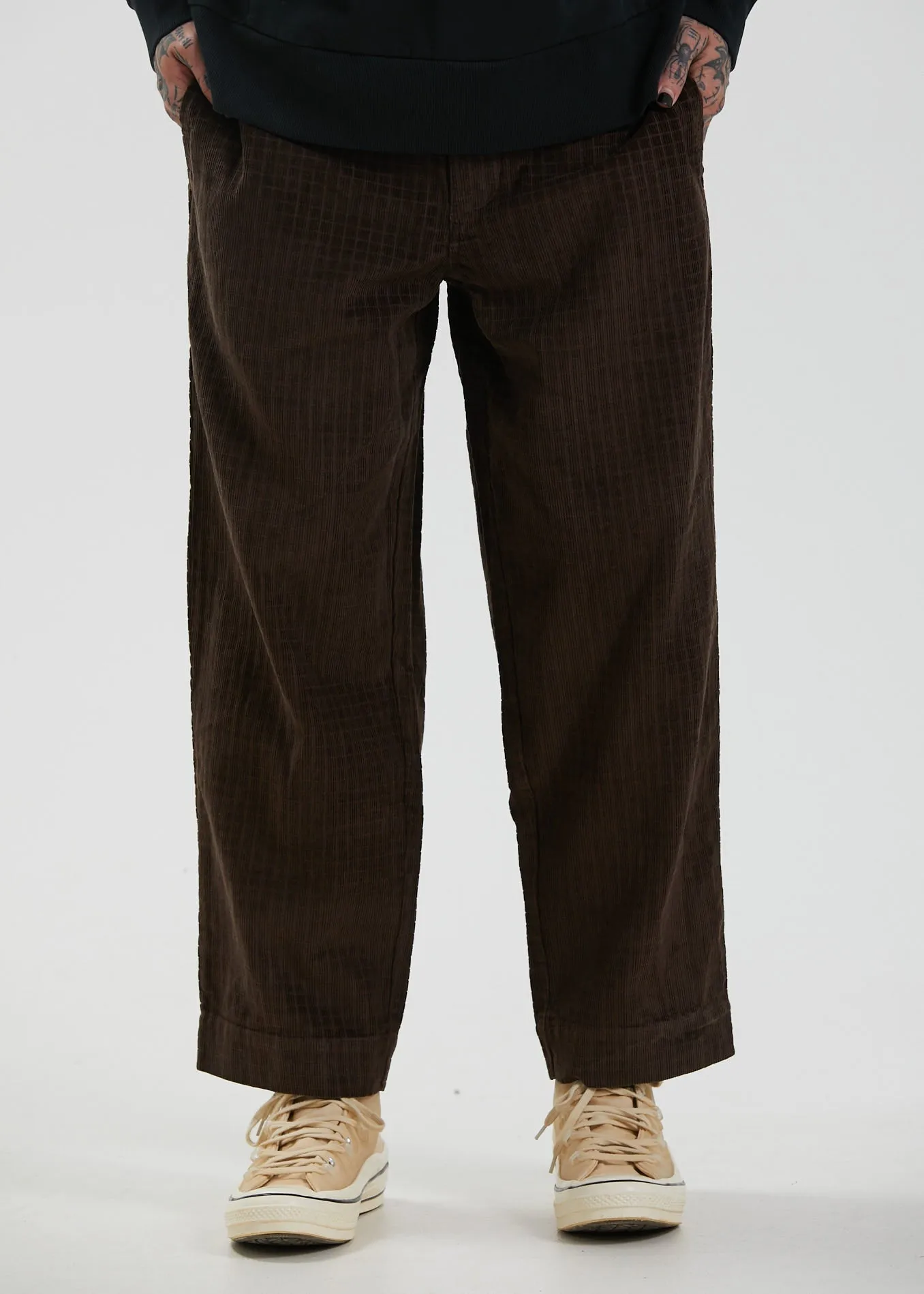 Afends Mens Couch Surfer - Hemp Check Corduroy Baggy Pants - Coffee