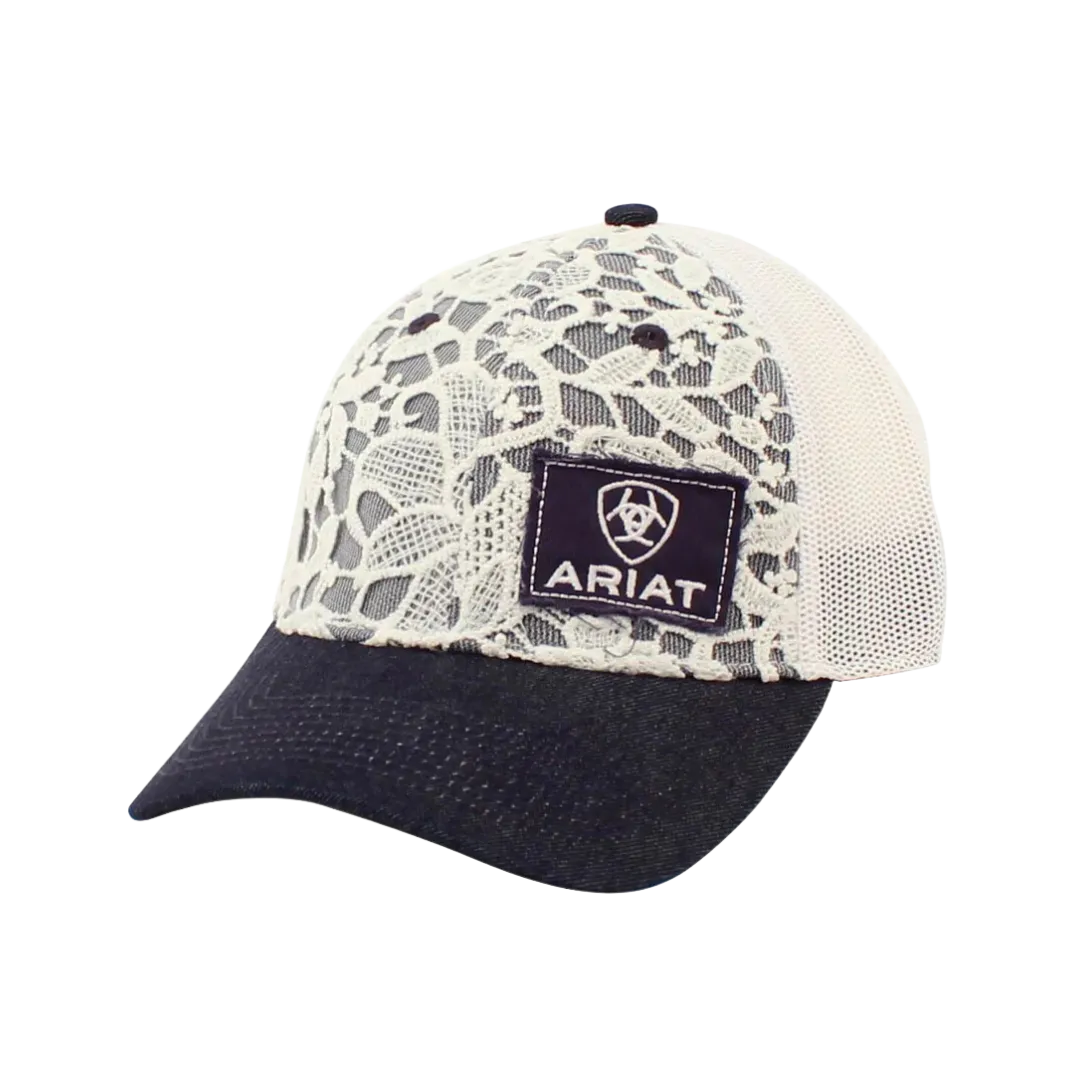 Ariat M&F Denim White Ivory Lace and Mesh Logo Patch Cap