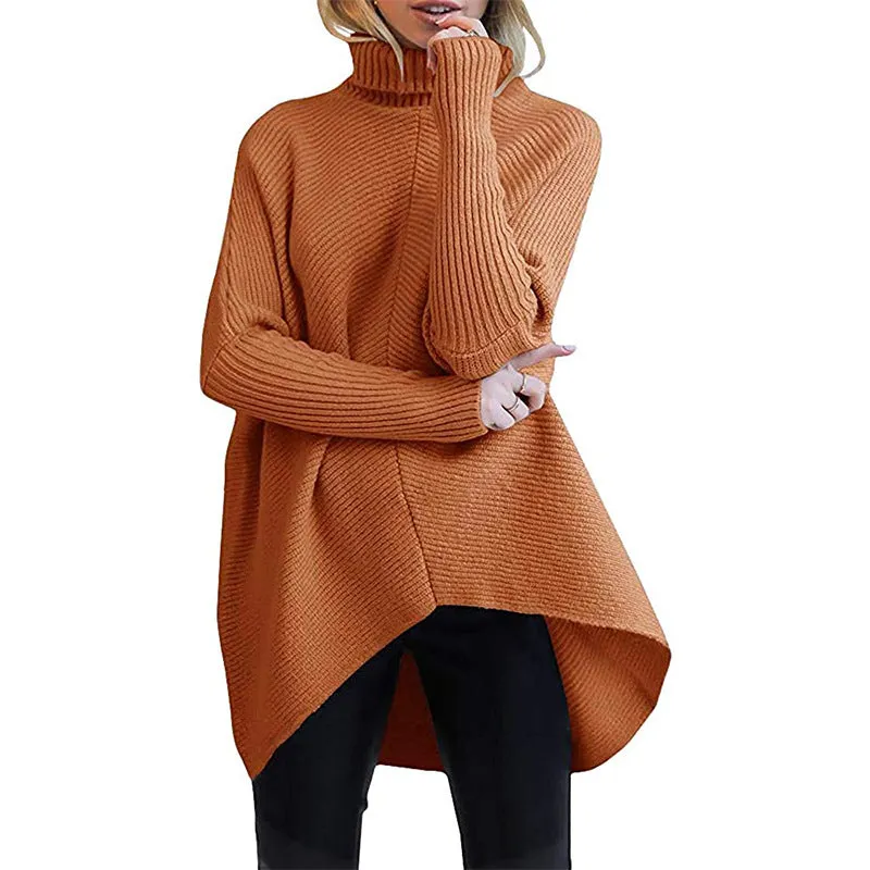 Autumn and winter women's irregular hem turtleneck jumper long sleeve knitted sweater woman