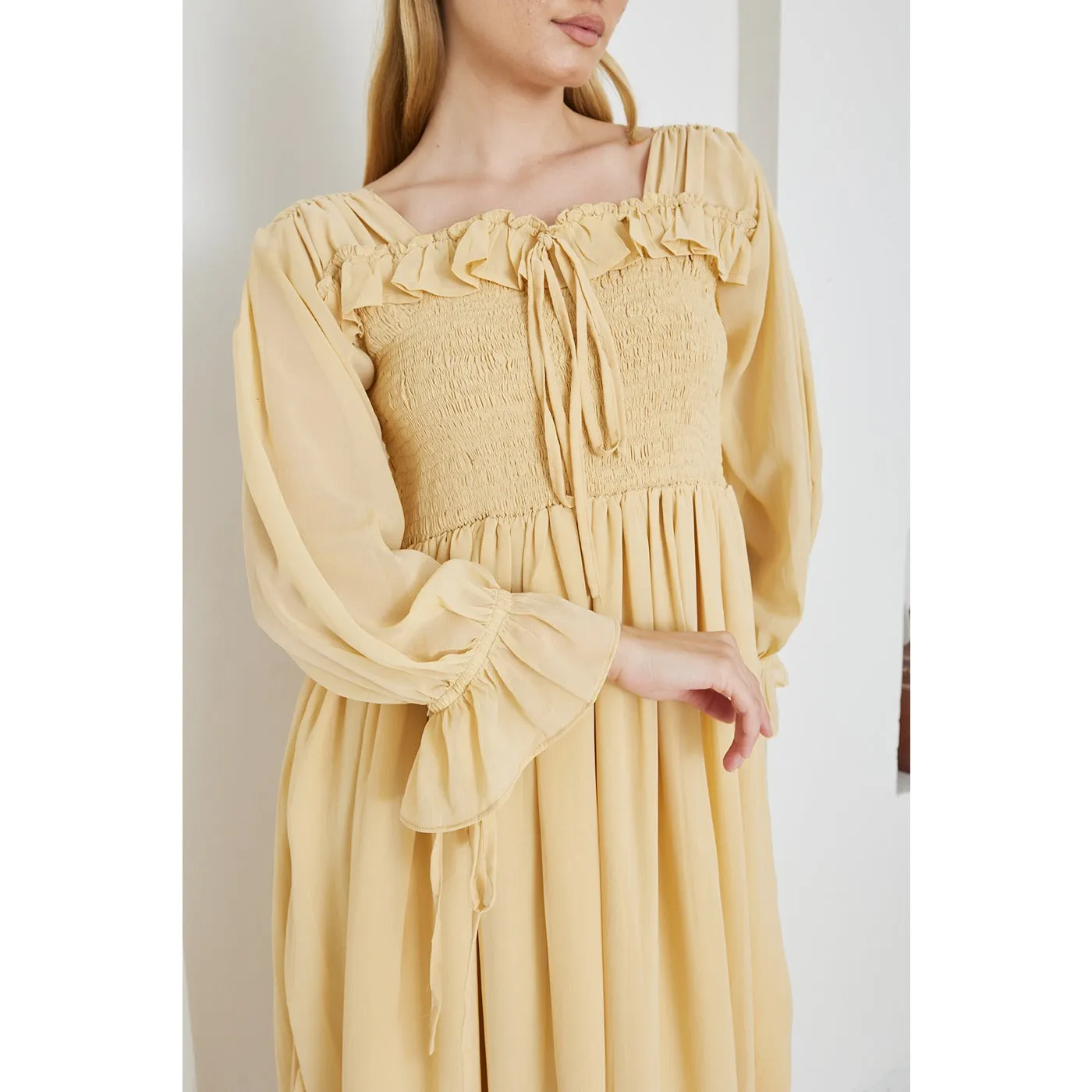 Beige Chiffon Square Collar Dress