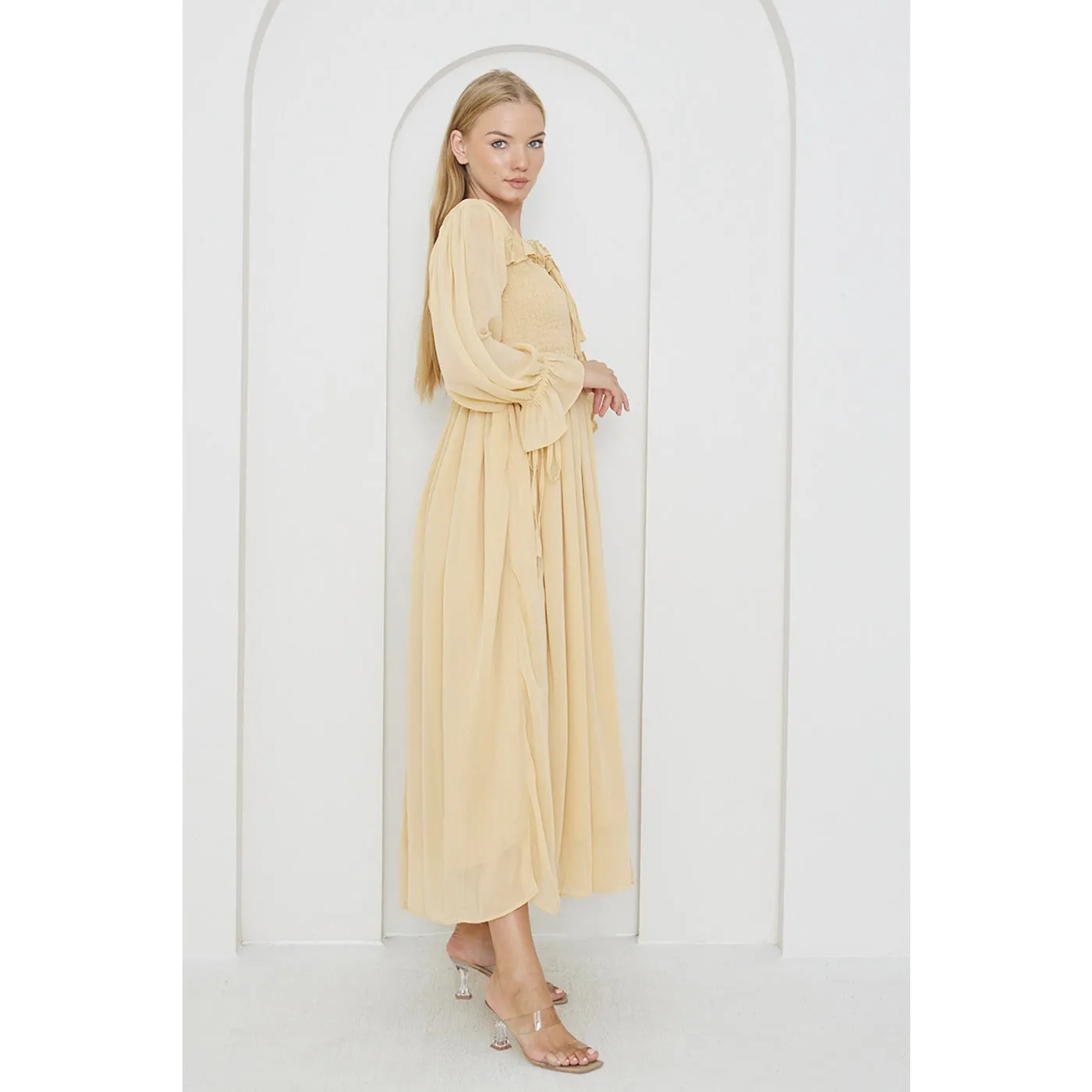 Beige Chiffon Square Collar Dress