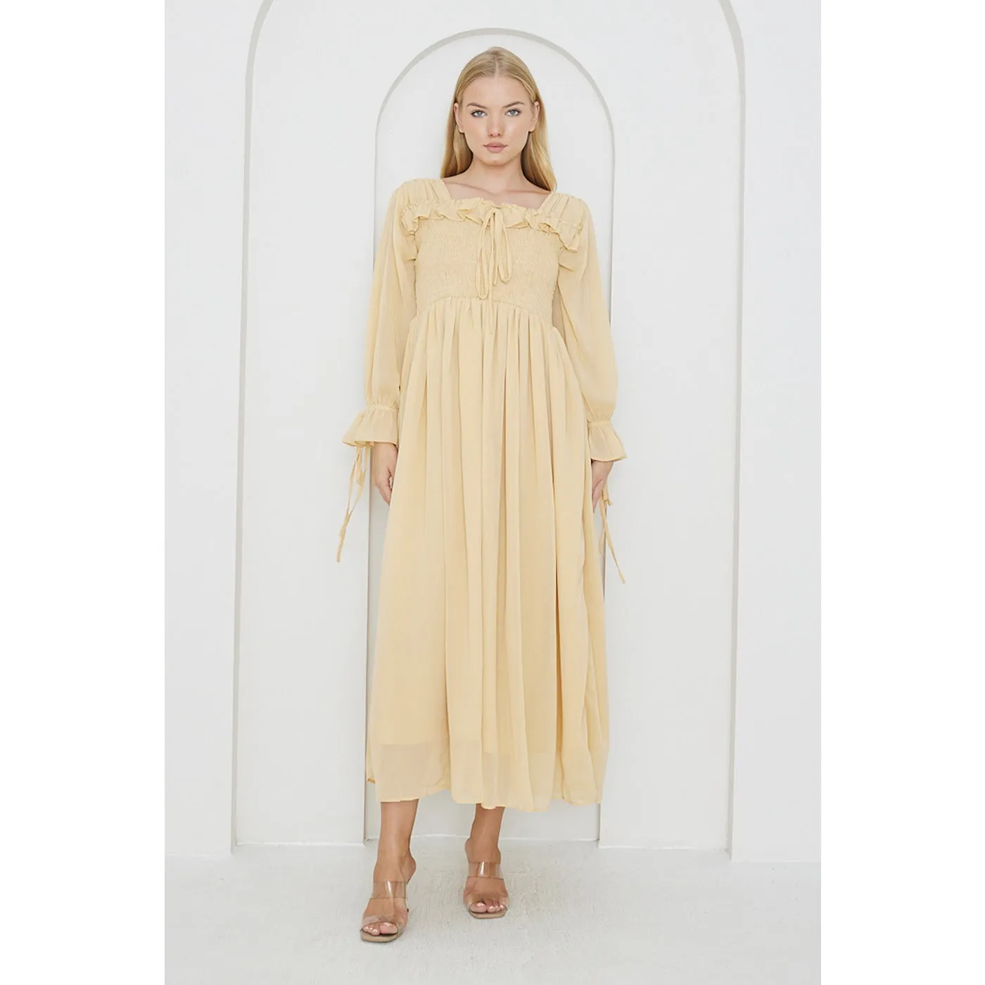 Beige Chiffon Square Collar Dress