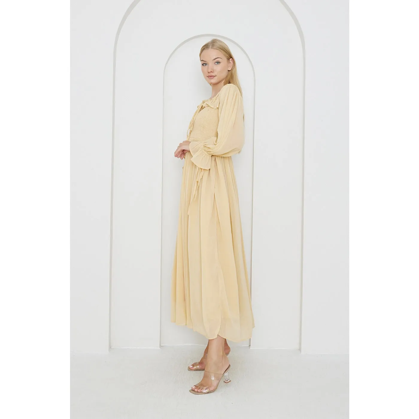 Beige Chiffon Square Collar Dress