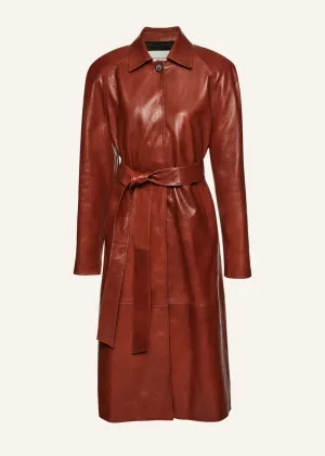 Belted leather coat in camel