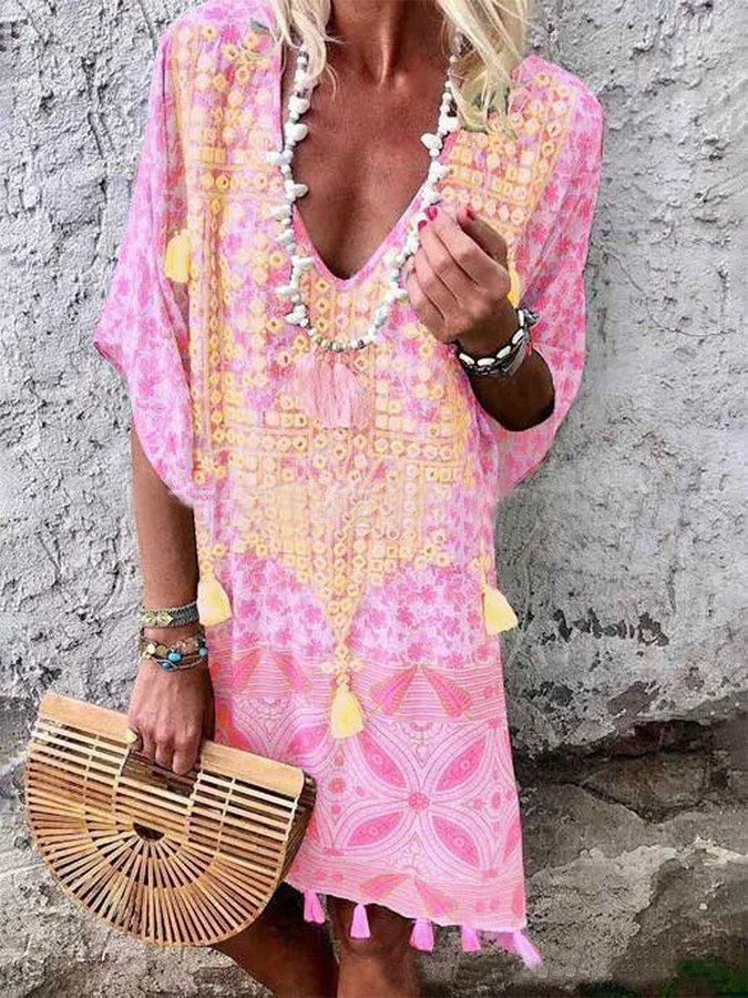 Bohemian V-neck Print Midi Dress