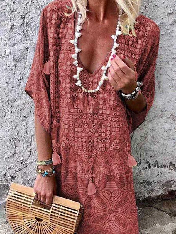 Bohemian V-neck Print Midi Dress