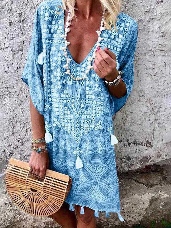 Bohemian V-neck Print Midi Dress