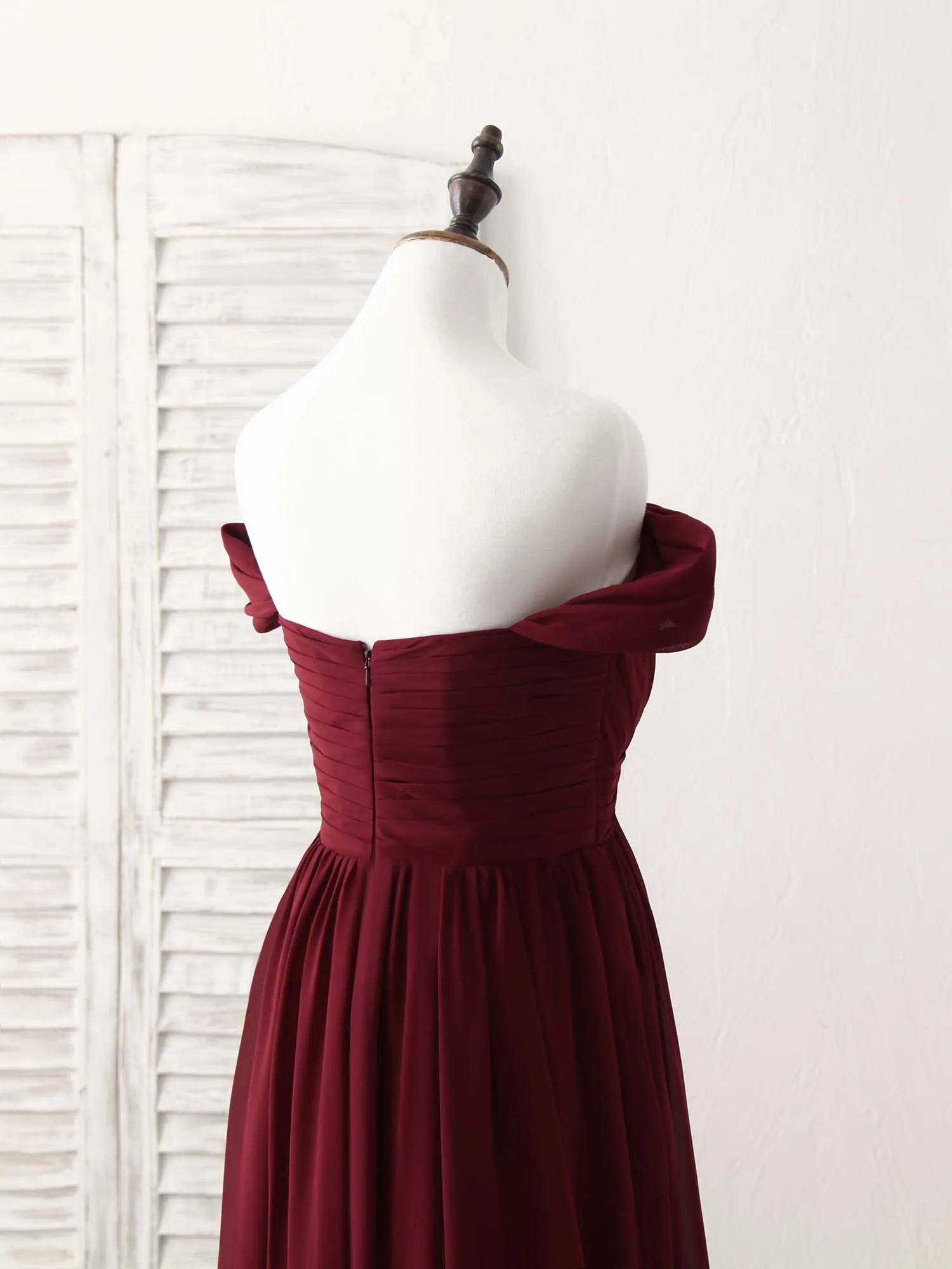 Burgundy Chiffon Off Shoulder Long Prom Dress Burgundy Bridesmaid Dress