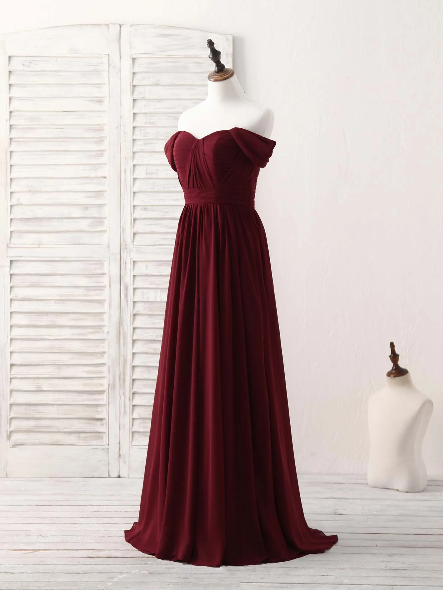 Burgundy Chiffon Off Shoulder Long Prom Dress Burgundy Bridesmaid Dress