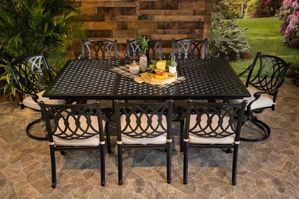 CHELSEA 9 PIECE DINING SET - 48" x 84"-127" Extension Weave Dining Table, 6 Chairs and 2 Swivel Chairs