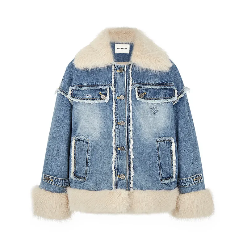 Cowboys Detachable Collar Sheep Shearling Denim jacket