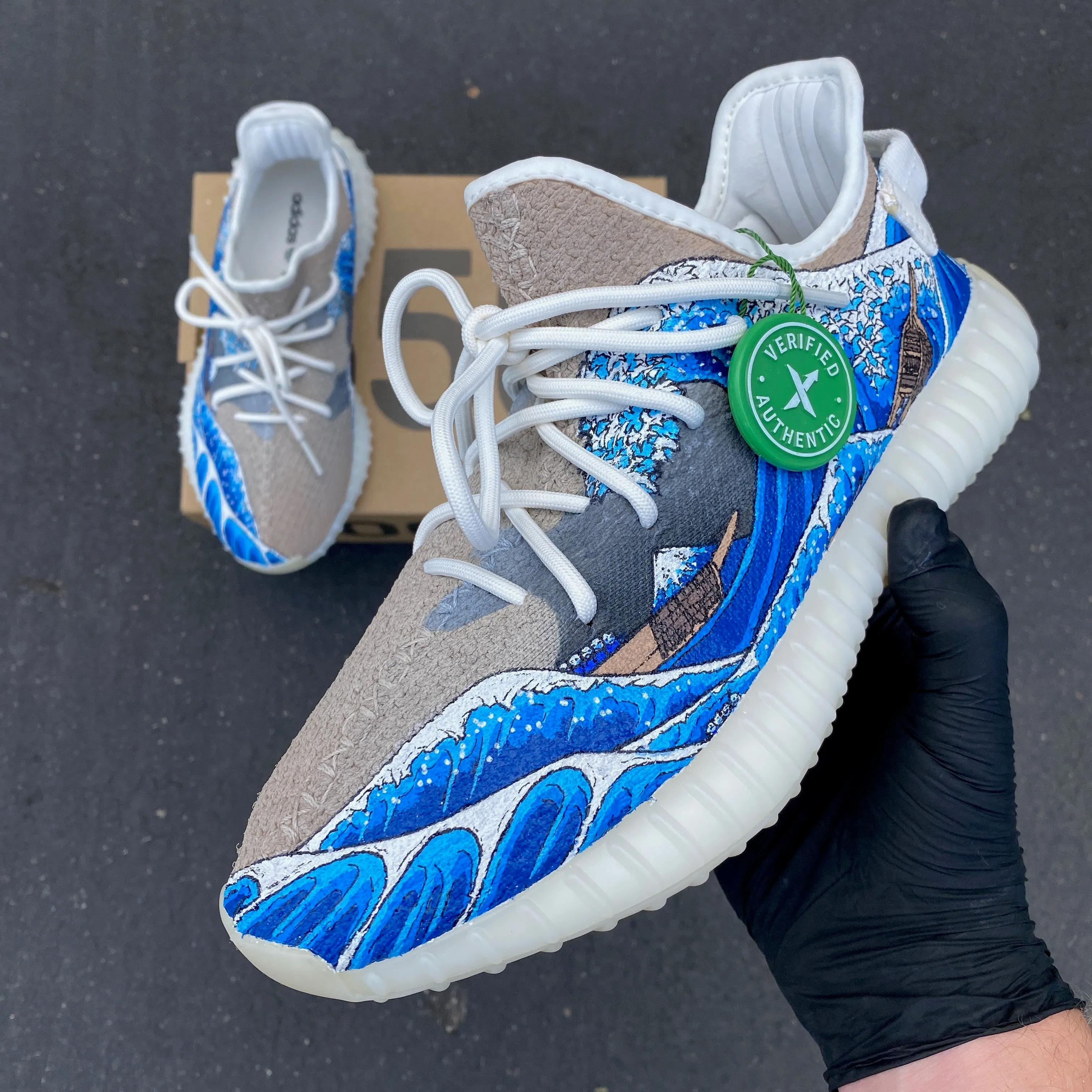 Custom Paint Great Wave of Kanagawa Adidas Yeezy's