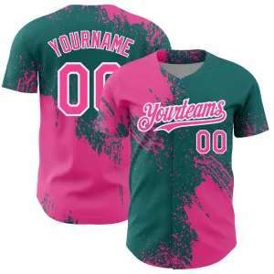 Custom Pink Teal-White 3D Pattern Design Abstract Brush Stroke Authentic Baseball Jersey