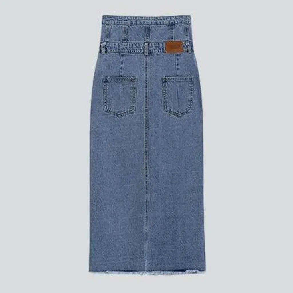 Exposed buttons denim long skirt