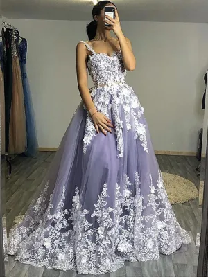 Fluffy White Floral Lace Top Gray Long Prom Dresses, Floral Lace Gray Formal Evening Dresses, Gray Ball