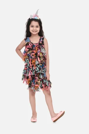 Girl's  Girls Black Chiffon Printed Ruffle Dress - StyleStone Kid