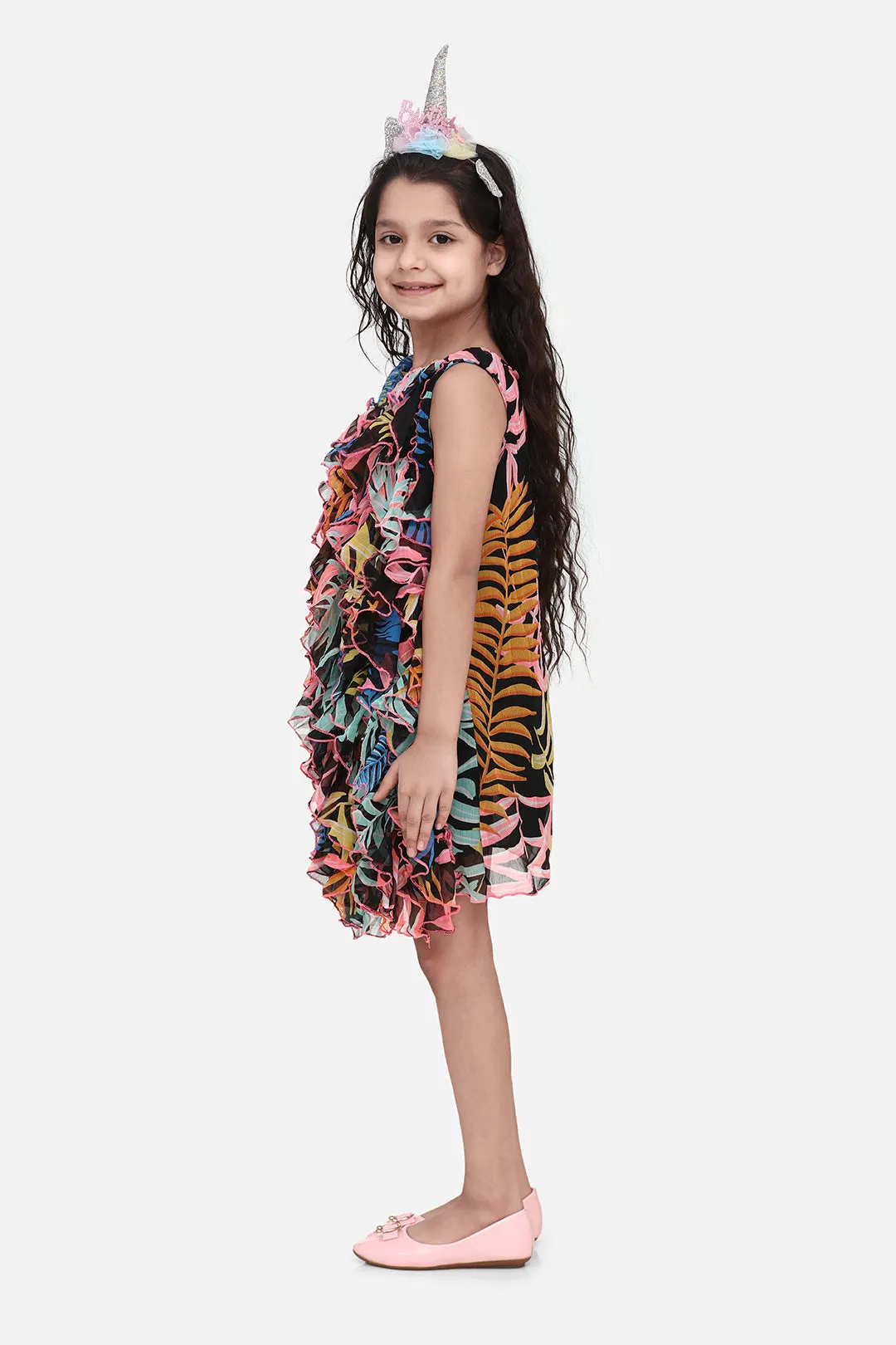 Girl's  Girls Black Chiffon Printed Ruffle Dress - StyleStone Kid