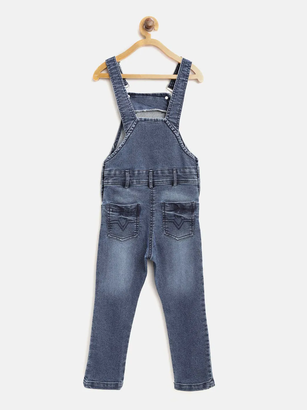 Girl's Lycra Denim Dungaree With Red Patch Distress - StyleStone Kid