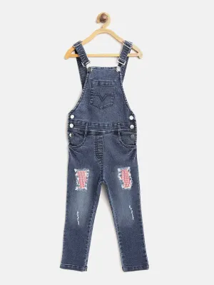 Girl's Lycra Denim Dungaree With Red Patch Distress - StyleStone Kid