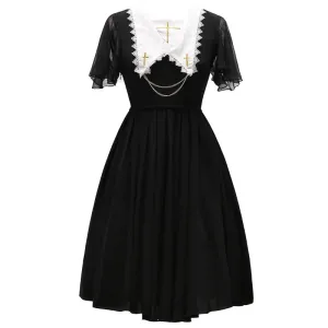 Gothic Lolita Chiffon Dress Short Batwing Sleeve Pointed Collar Embroidered Summer Dress Black/Red/Navy Blue