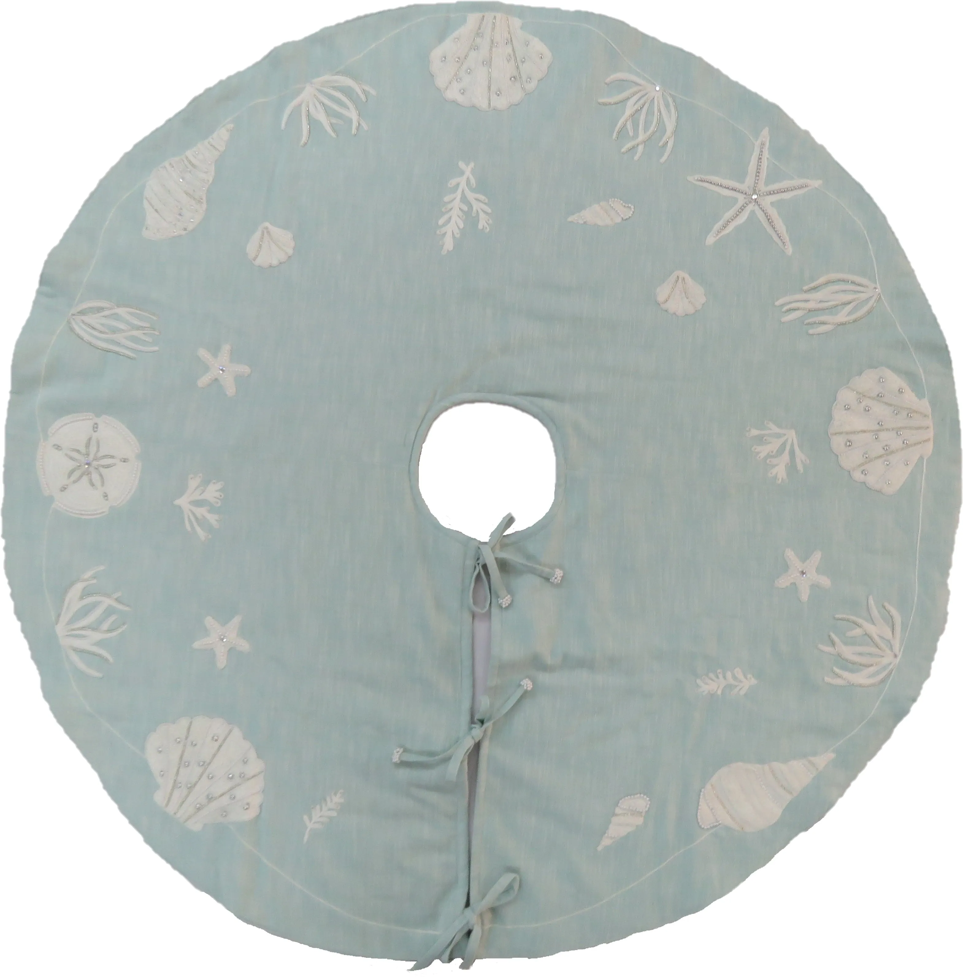 Handmade Christmas Tree Skirt - Seashells on Light Blue Cotton - 60"