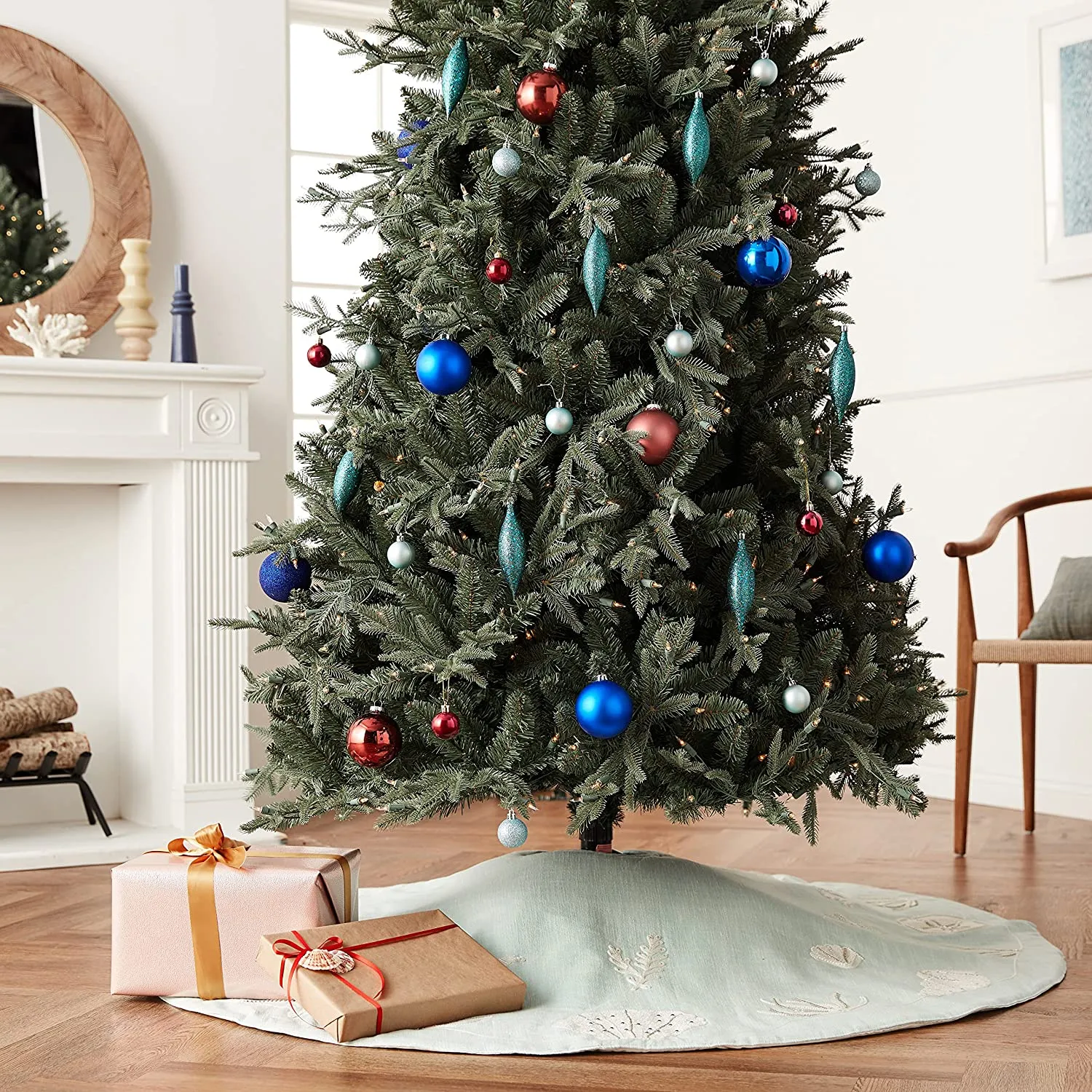 Handmade Christmas Tree Skirt - Seashells on Light Blue Cotton - 60"