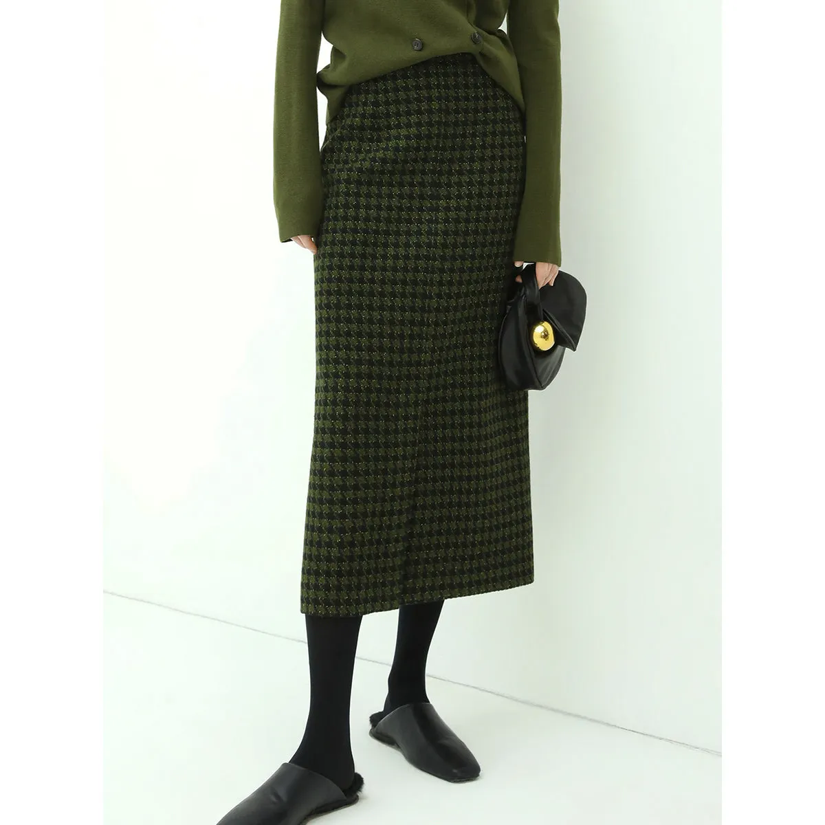 Holiday Checked Green Midi Skirt