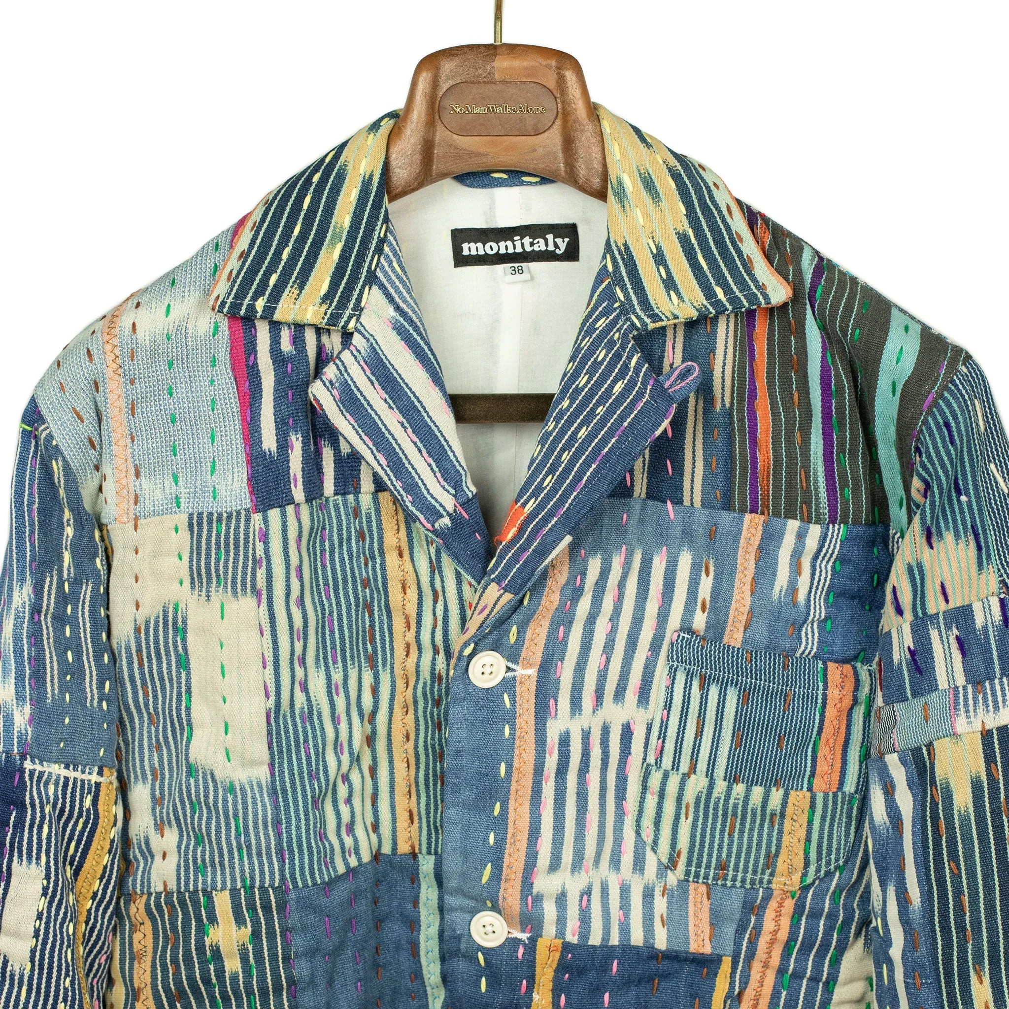 Italian Jail Jacket in blue patchwork African kantha handloomed cotton