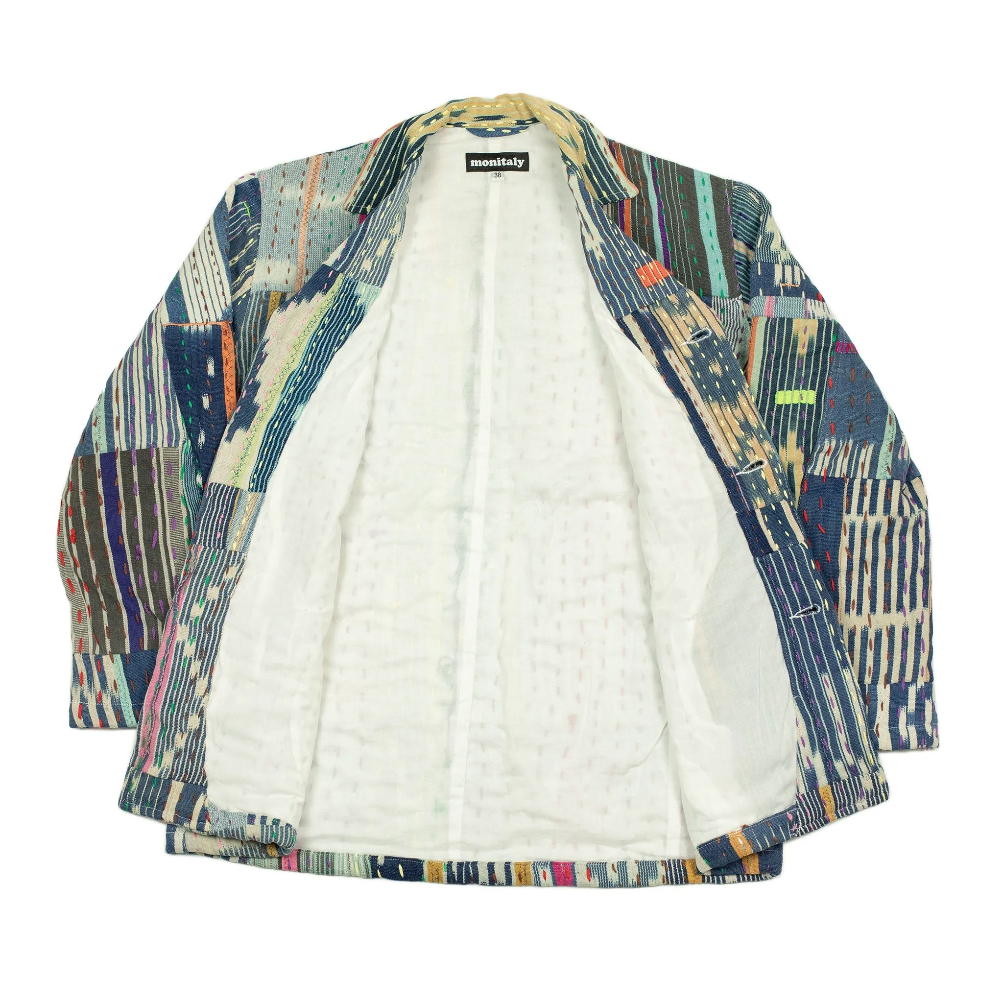 Italian Jail Jacket in blue patchwork African kantha handloomed cotton