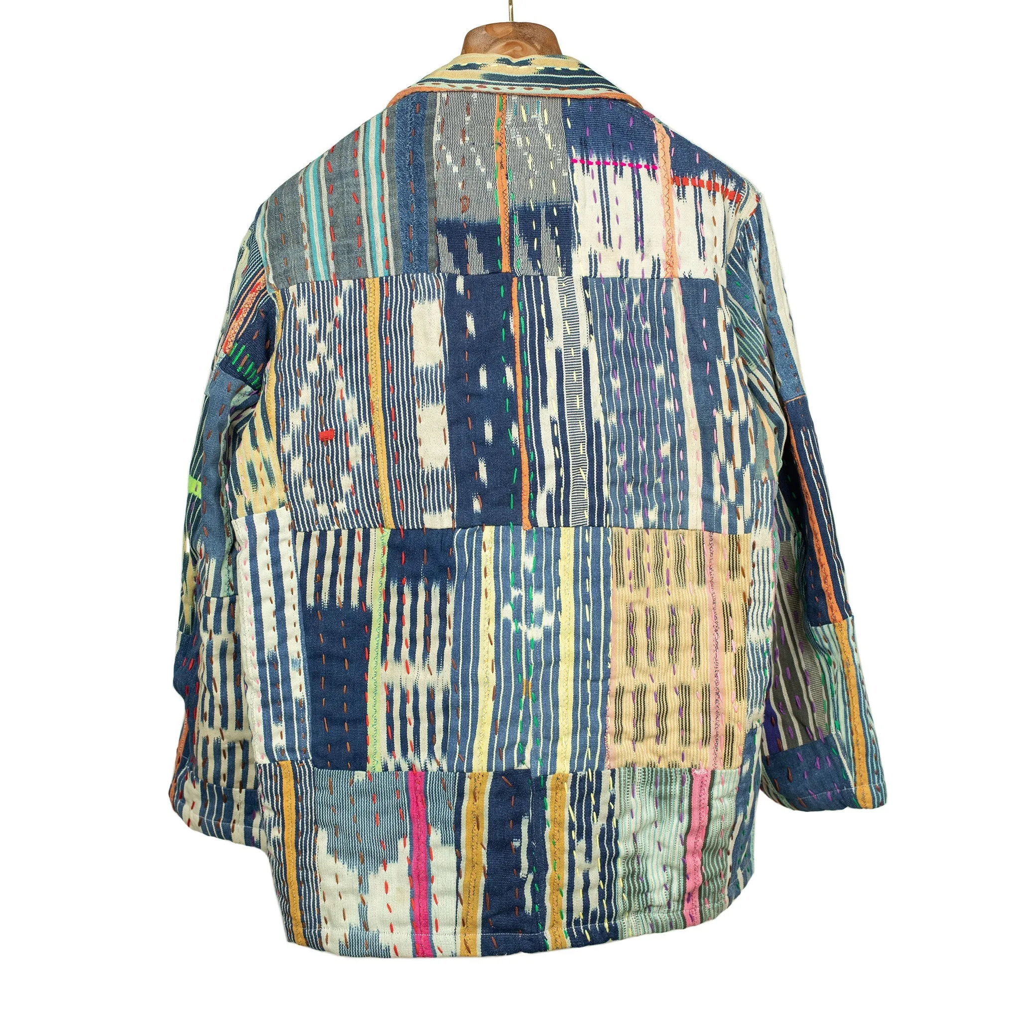 Italian Jail Jacket in blue patchwork African kantha handloomed cotton