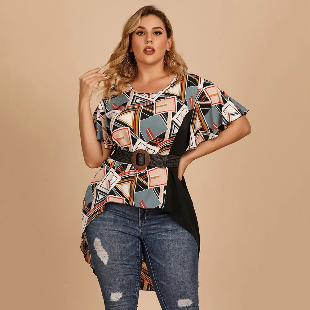 KittenAlarm - Plus size women's round neck short sleeves loose geometric design T-shirt top shirt