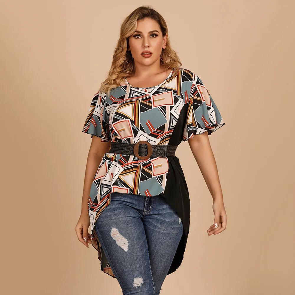 KittenAlarm - Plus size women's round neck short sleeves loose geometric design T-shirt top shirt