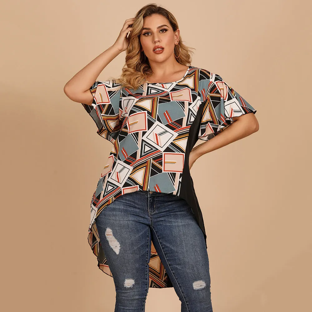 KittenAlarm - Plus size women's round neck short sleeves loose geometric design T-shirt top shirt