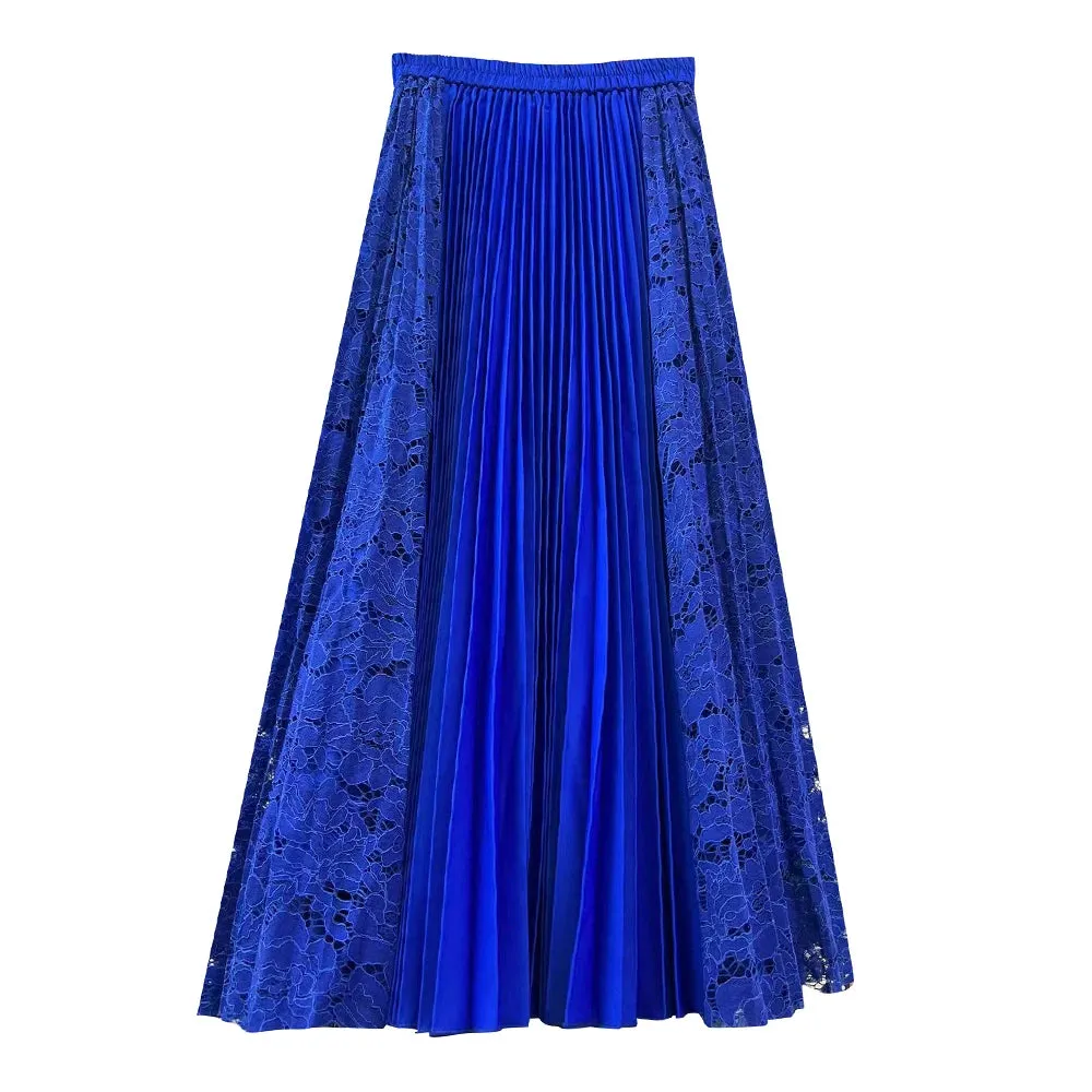 Korean Fashion Pleated Skirt For Women High Waist Loose Lace Panel Ruched Solid Midi Skirts Female Summer Clothing