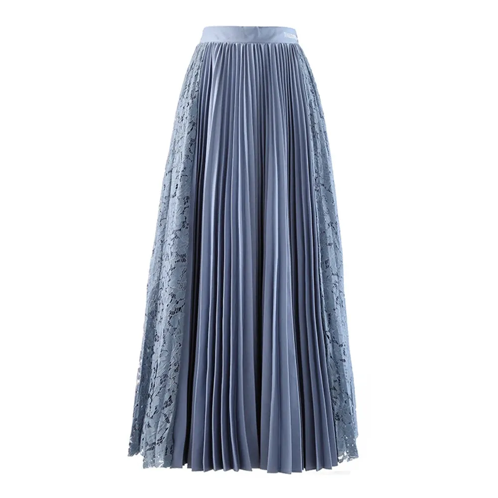 Korean Fashion Pleated Skirt For Women High Waist Loose Lace Panel Ruched Solid Midi Skirts Female Summer Clothing