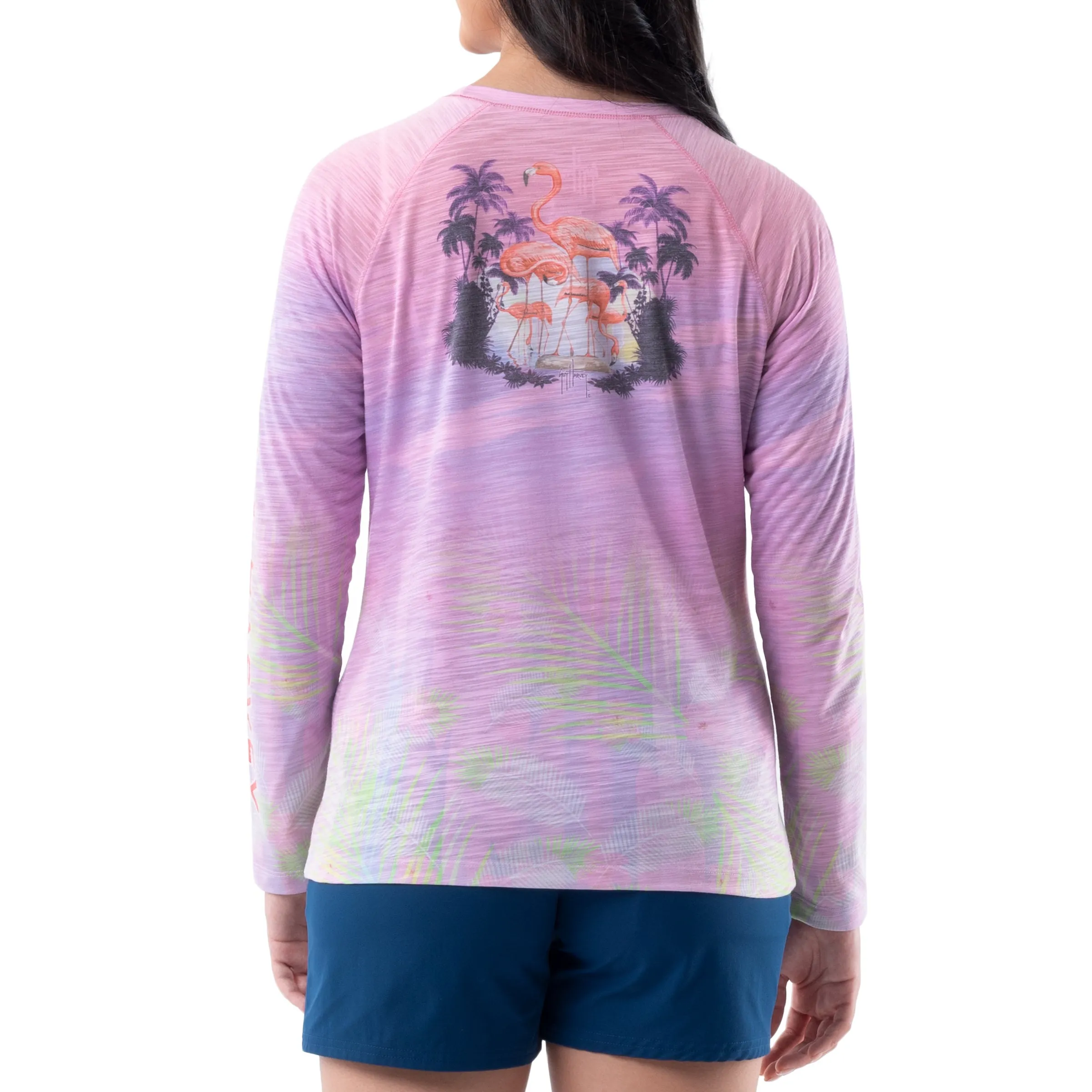 Ladies Let's Flamingle Long Sleeve Poly Rayon Slub Top