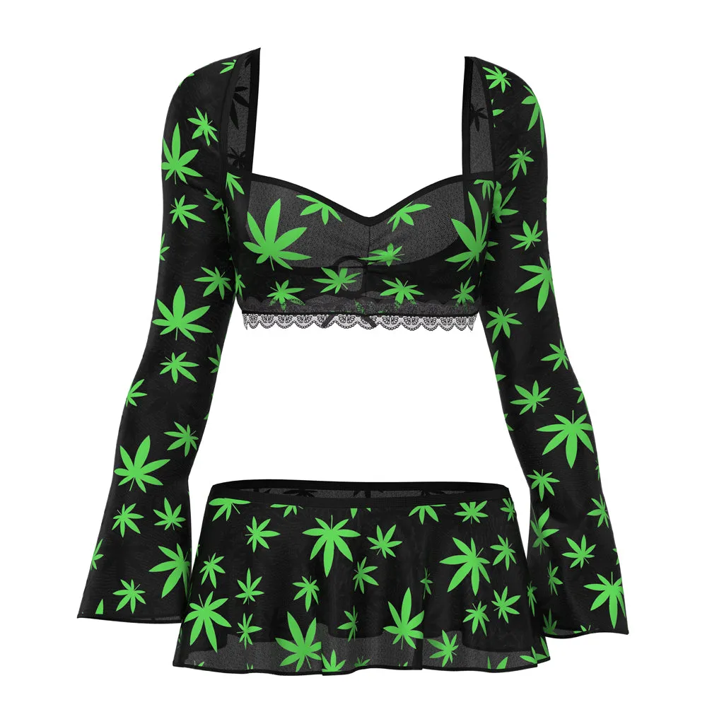 Magic Silk Hazy Dayz Crop Top, Skirt & G-String Set Pot Leaf L/XL