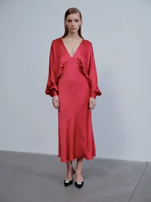 Mila V Neck Satin Dress in Rouge