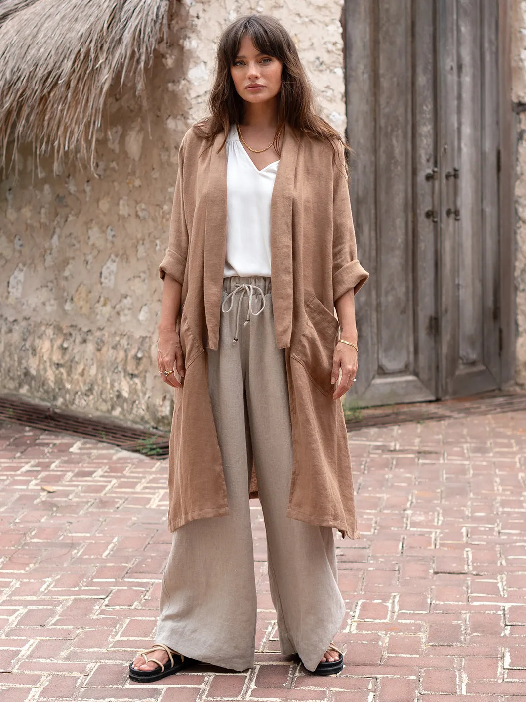 Nova Longline Linen Coat Desert Sand