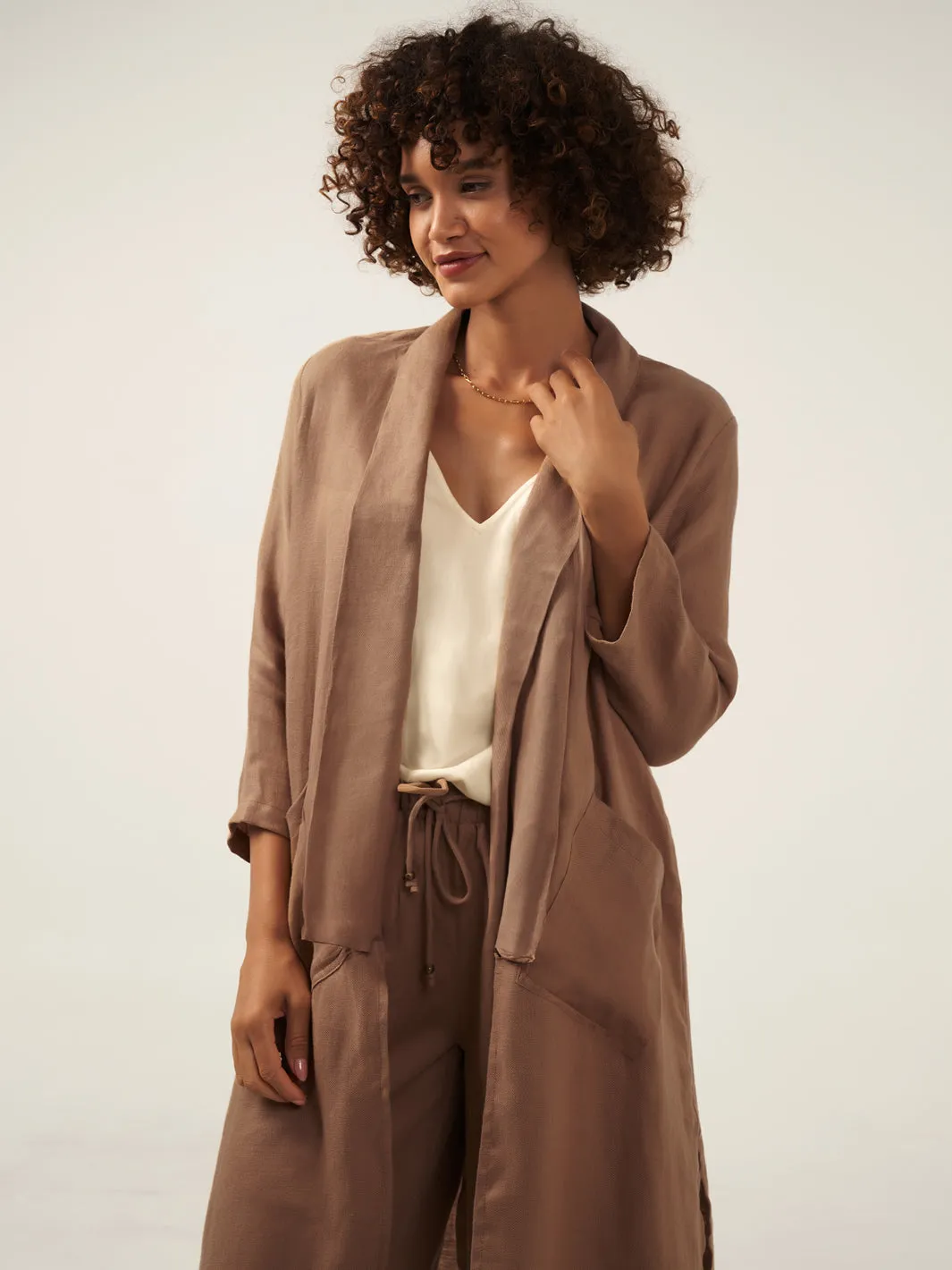 Nova Longline Linen Coat Desert Sand