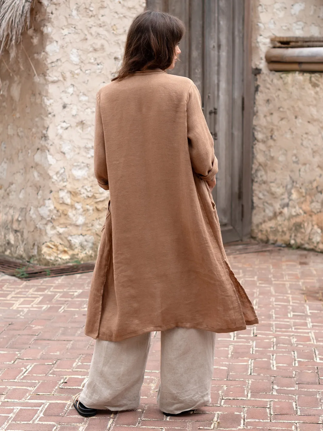 Nova Longline Linen Coat Desert Sand