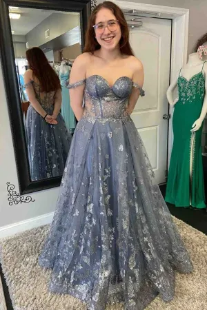 Off Shoulder Smoke Gray Lace Long Prom Dress, Smoke Gray Lace Formal Graduation Evening Dress A2077