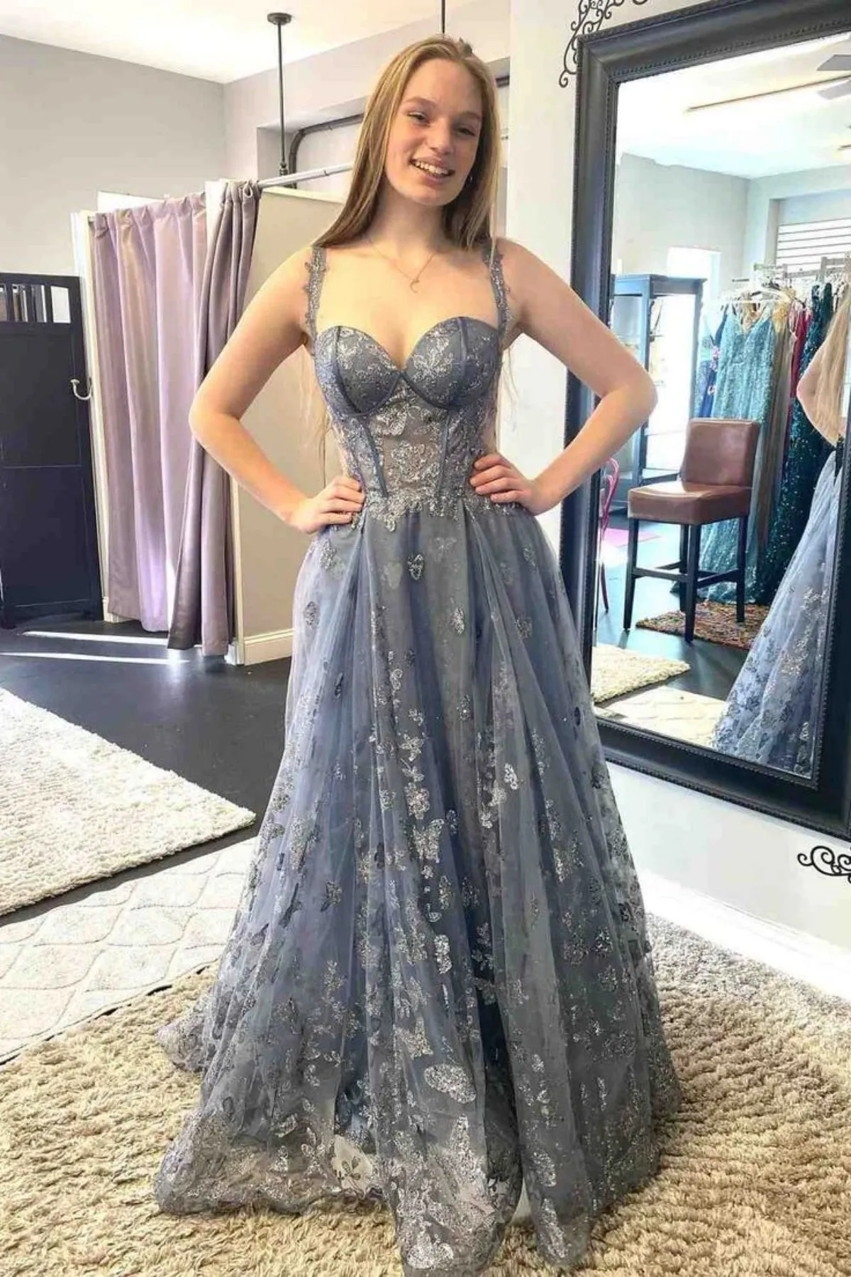 Off Shoulder Smoke Gray Lace Long Prom Dress, Smoke Gray Lace Formal Graduation Evening Dress A2077