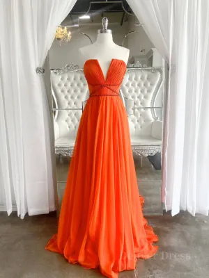 Orange Aline chiffon long prom dress orange long evening dress