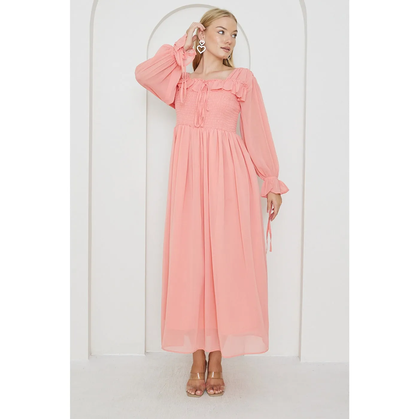 Pink Chiffon Square Collar Dress