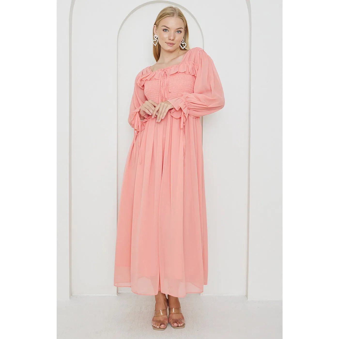 Pink Chiffon Square Collar Dress