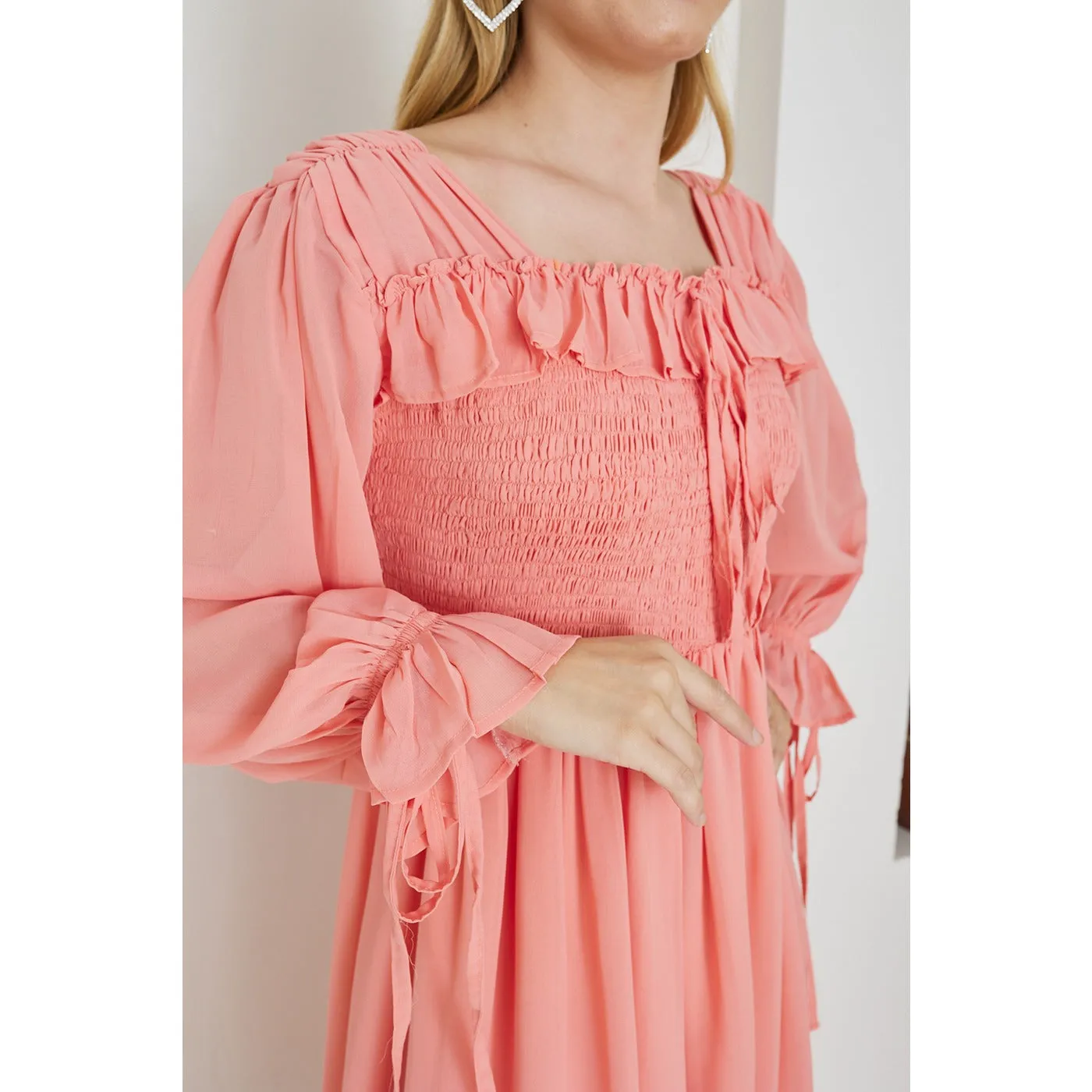 Pink Chiffon Square Collar Dress